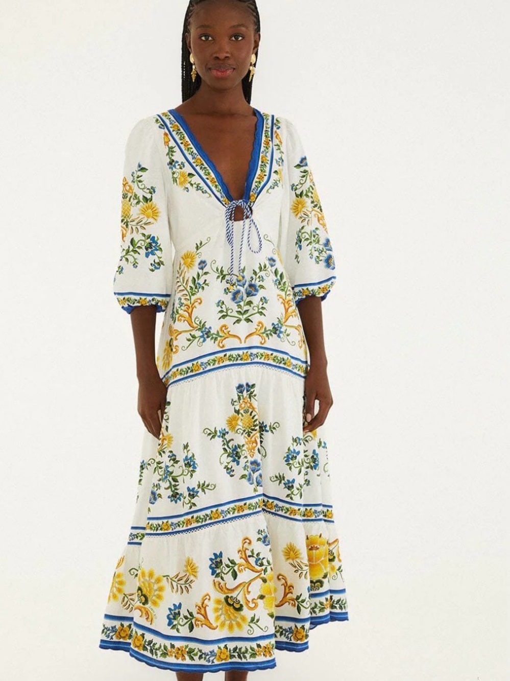 FARM Rio Off-White Emily Floral Tapestry Drawstring Midi Dress Size XS